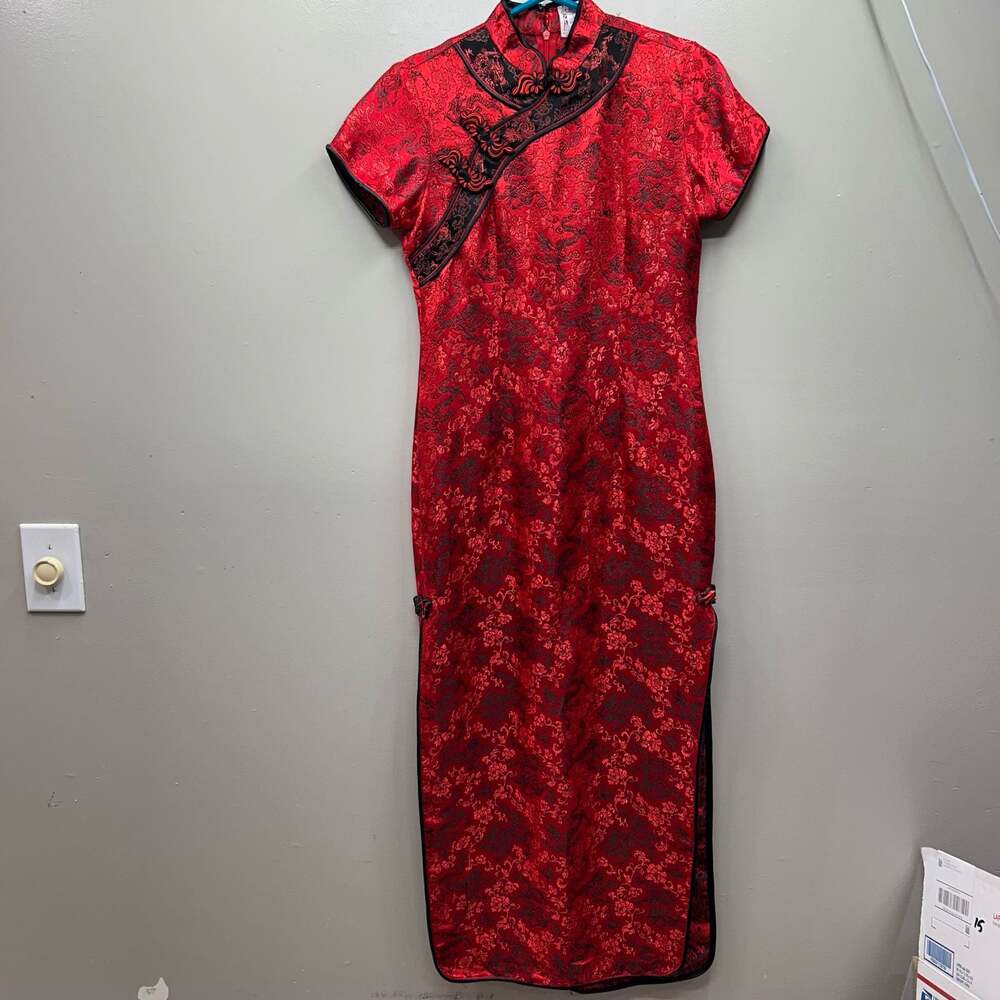 Kim Fashion Vintage Red Floral Dragon Brocade Long Cheongsam Qipao Dress